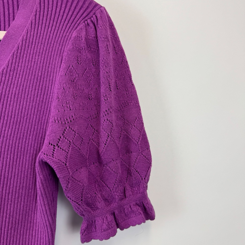 Sundance Purple Ribbed Henley Top Organic Cotton Pointelle Puff Sleeve Large New - Picture 5 of 13